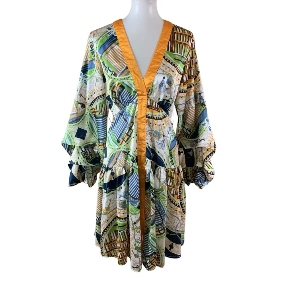 L’Atiste Boho Kimono Sleeve Satin Trim Abstract Print Mini Dress Flowy Large - Picture 1 of 5